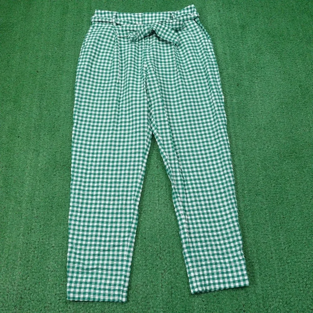 Banana Republic‎ Pants Womens 2 Green Gingham Paperbag Crop Twill Belted Linen